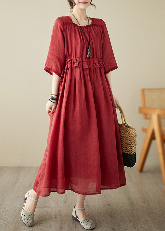 Natural Red O-Neck Ruffled Patchwork Tunic Chiffon Long Dress Short Sleeve LY3001