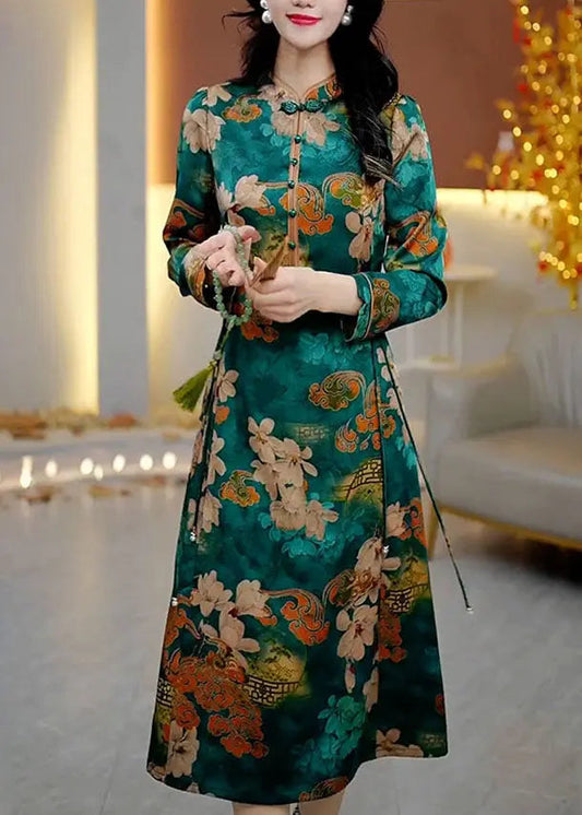 Natural Stand Collar Print High Waist Silk Long Dress Fall Ada Fashion