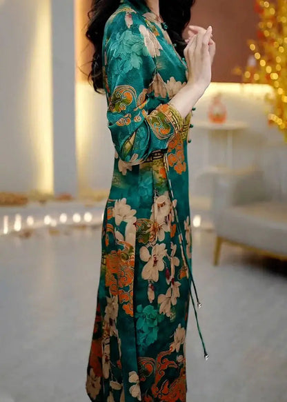 Natural Stand Collar Print High Waist Silk Long Dress Fall Ada Fashion