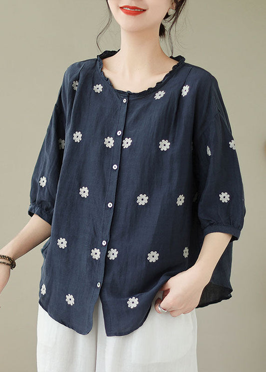 Navy Patchwork Linen Blouses Embroideried Ruffled Summer LY3942