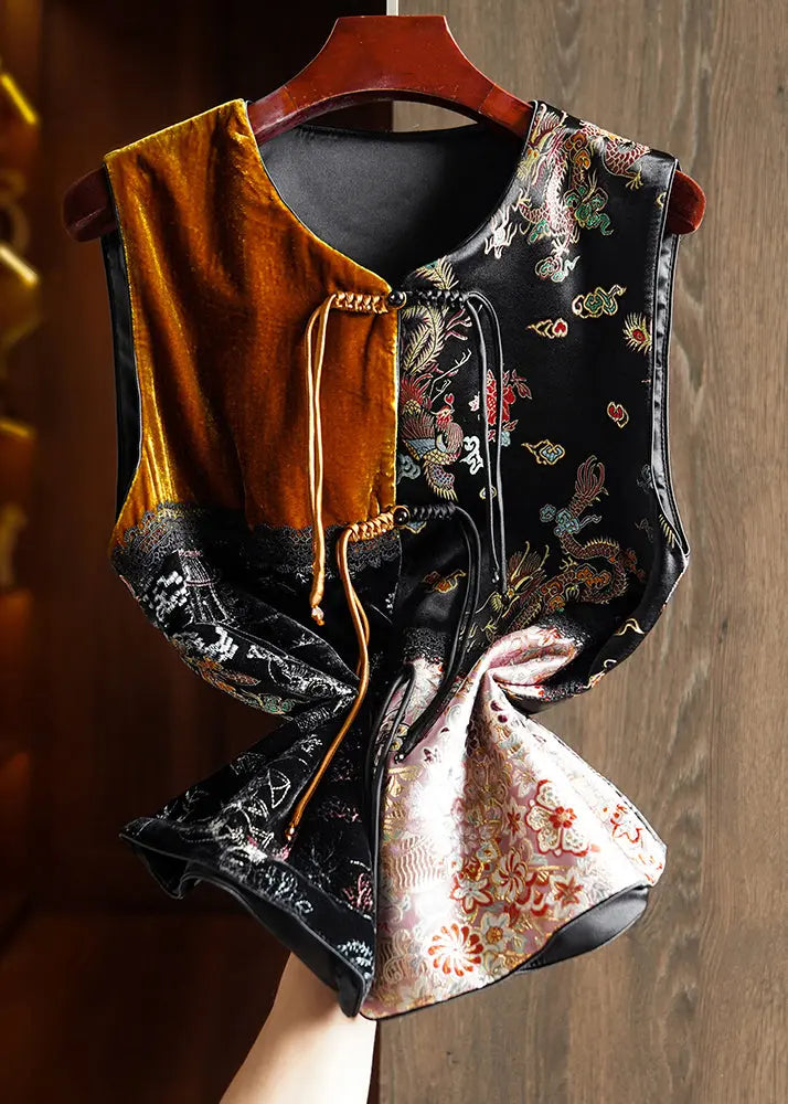 New Black Chinese Button Embroidered Patchwork Silk Velour Waistcoat Fall Ada Fashion