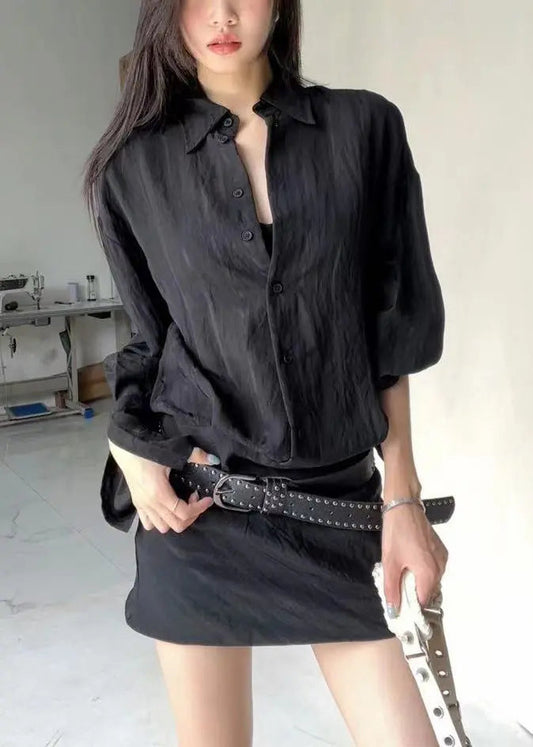 New Black Peter Pan Collar Button Cotton Shirts Mid Dress Long Sleeve Ada Fashion