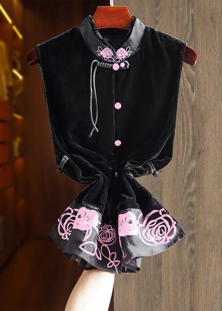 New Black Stand Collar Embroidered Button Silk Velour Waistcoat Sleeveless Ada Fashion