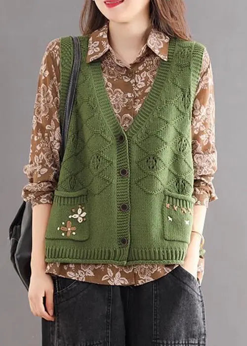 New Green Embroideried Pockets Patchwork Cotton Knit Waistcoat Sleeveless Ada Fashion