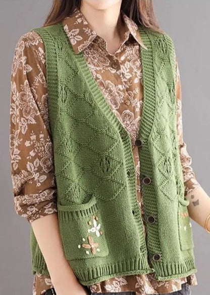 New Green Embroideried Pockets Patchwork Cotton Knit Waistcoat Sleeveless Ada Fashion