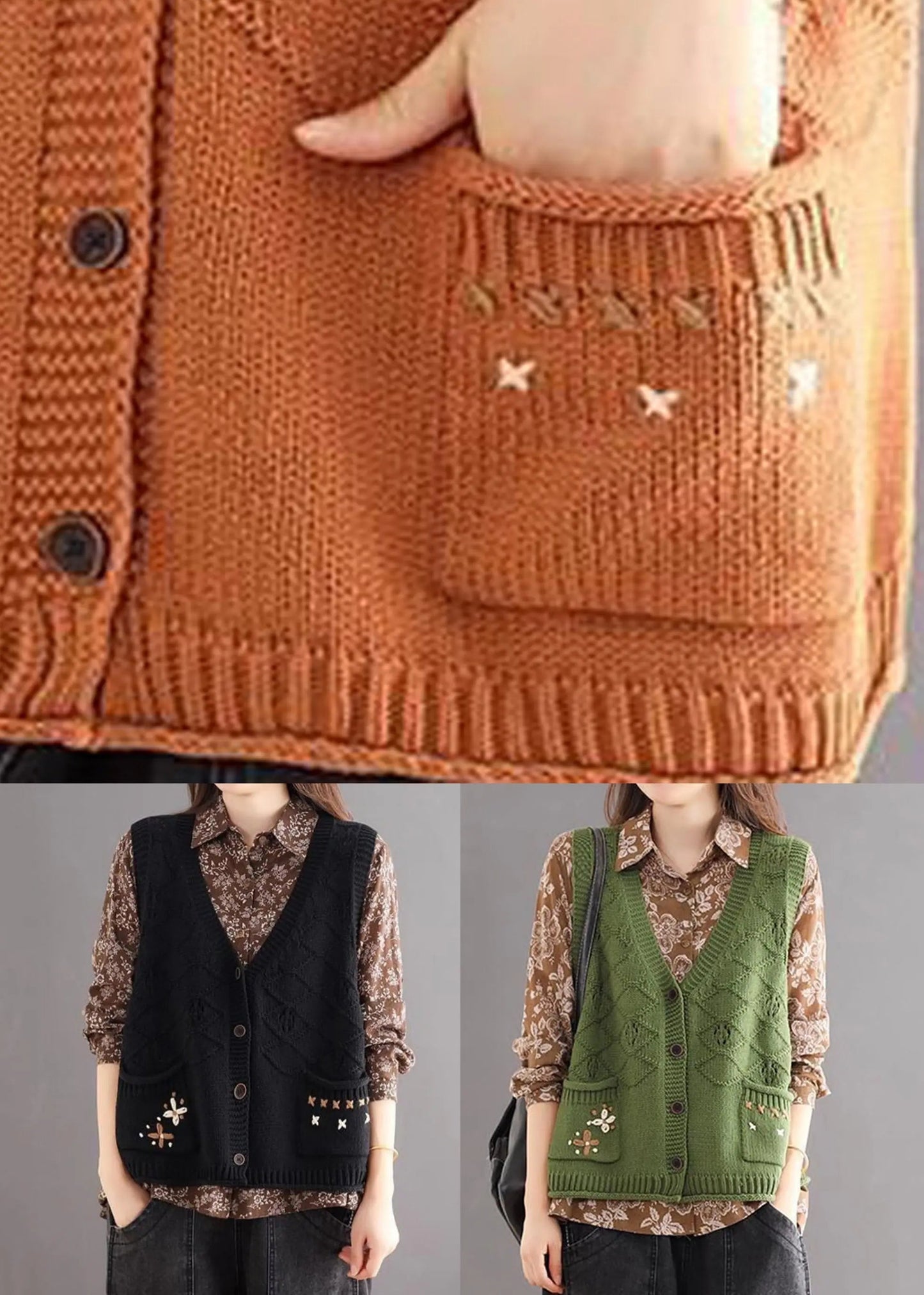 New Green Embroideried Pockets Patchwork Cotton Knit Waistcoat Sleeveless Ada Fashion