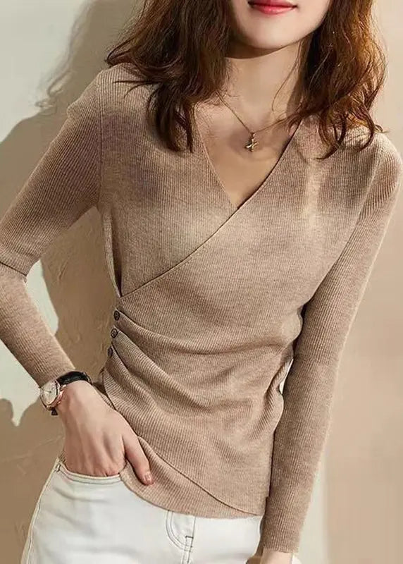 New Grey V Neck Patchwork Cozy Cotton Knit Top Fall Ada Fashion