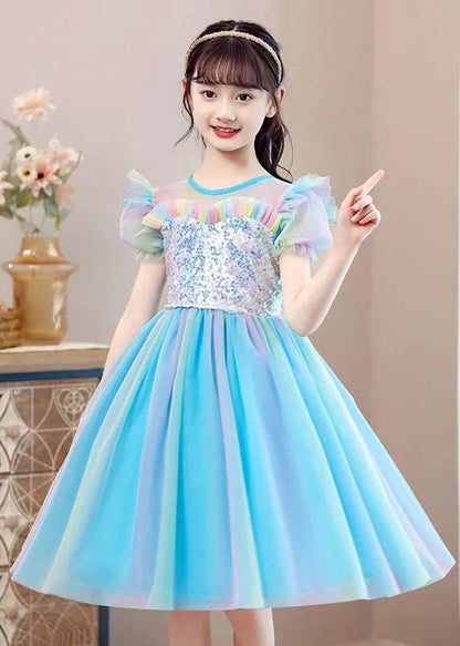 Nouvelle robe de soirée d'été en tulle à volants et paillettes bleu clair pour bébé fille