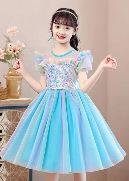 Nouvelle robe de soirée d'été en tulle à volants et paillettes bleu clair pour bébé fille