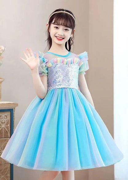 Nouvelle robe de soirée d'été en tulle à volants et paillettes bleu clair pour bébé fille