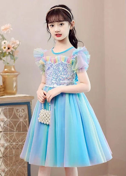 Nouvelle robe de soirée d'été en tulle à volants et paillettes bleu clair pour bébé fille