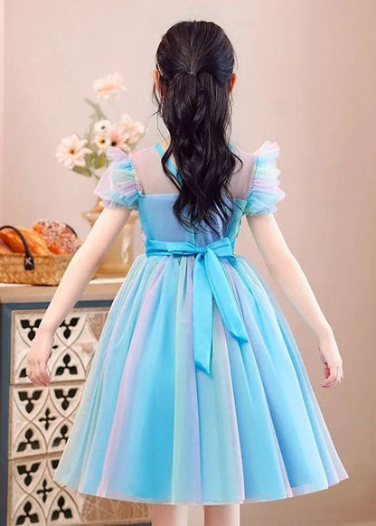 Nouvelle robe de soirée d'été en tulle à volants et paillettes bleu clair pour bébé fille