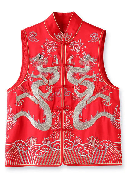 New Red Embroidered Button Patchwork Silk Beach Waistcoat Sleeveless Ada Fashion