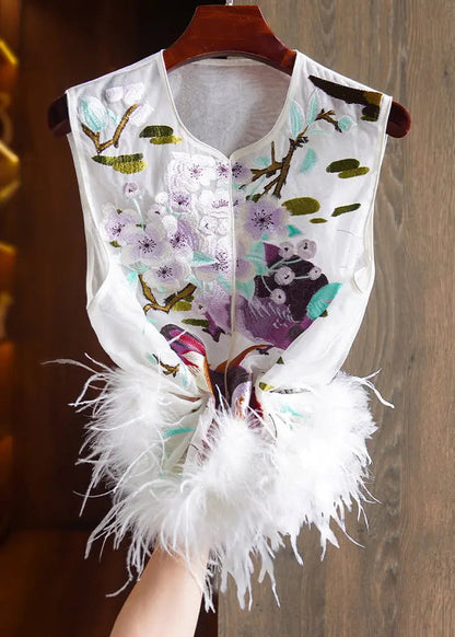 New White Embroidered Feather Patchwork Silk Waistcoat Sleeveless Ada Fashion