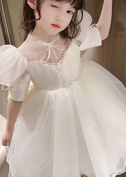 Nouvelles robes de princesse pour bébé fille en tulle avec nœud en perles et perles blanches pour l'été