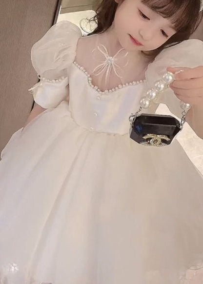 Nouvelles robes de princesse pour bébé fille en tulle avec nœud en perles et perles blanches pour l'été