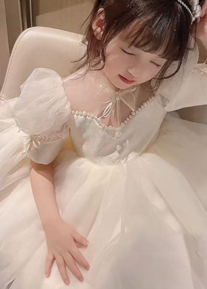 Nouvelles robes de princesse pour bébé fille en tulle avec nœud en perles et perles blanches pour l'été