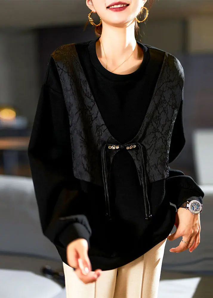 Novelty Black Button Patchwork Fake Two Pieces Sweatshirts Long Sleeve Ada Fashion