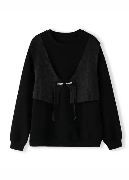 Novelty Black Button Patchwork Fake Two Pieces Sweatshirts Long Sleeve Ada Fashion