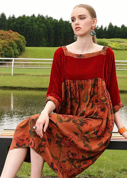 Novelty Red U Neck Wrinkled Print Silk Velour Patchwork Maxi Dress Bracelet Sleeve Ada Fashion