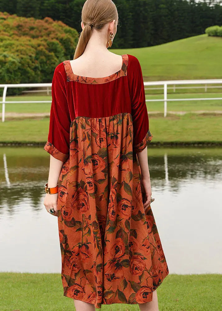 Novelty Red U Neck Wrinkled Print Silk Velour Patchwork Maxi Dress Bracelet Sleeve Ada Fashion