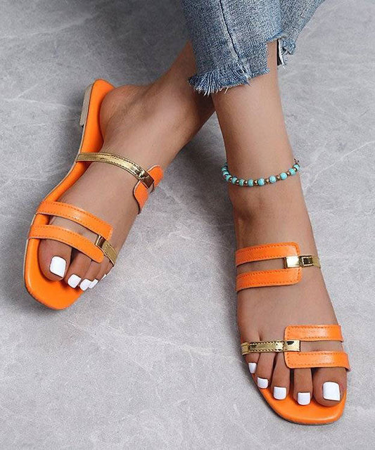 Orange Faux Leather Peep Toe Splicing Flats Slide Sandals LY4307