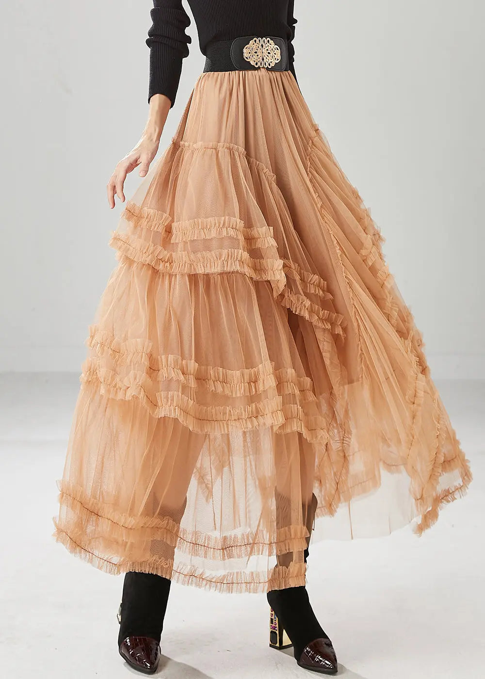 Orange Silm Fit Tulle Skirts Ruffled Exra Large Hem Fall Ada Fashion