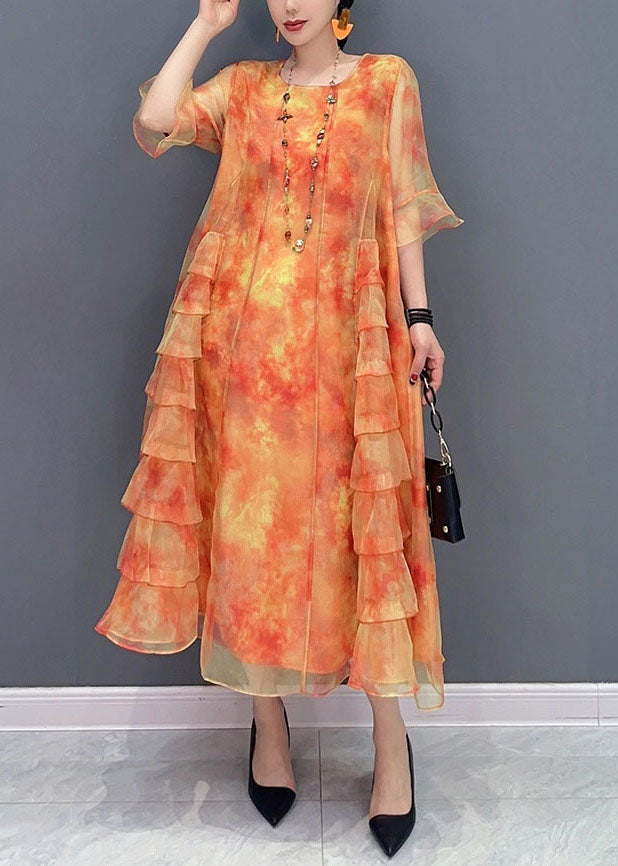 Orange Tie Dye Patchwork Chiffon Dresses O Neck Ruffled Summer Ada Fashion