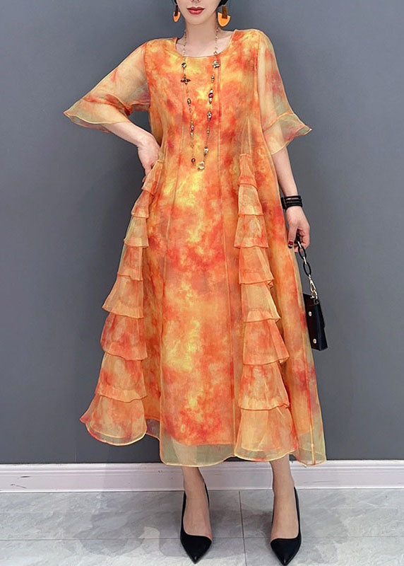 Orange Tie Dye Patchwork Chiffon Dresses O Neck Ruffled Summer Ada Fashion