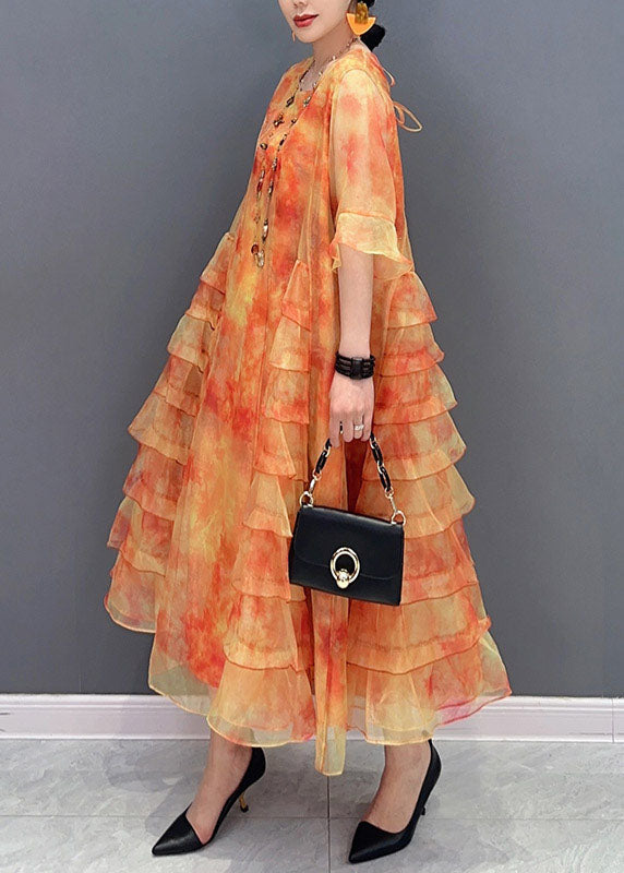 Orange Tie Dye Patchwork Chiffon Dresses O Neck Ruffled Summer Ada Fashion