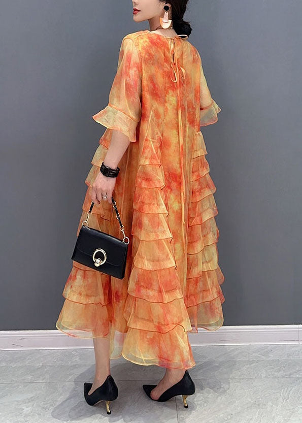 Orange Tie Dye Patchwork Chiffon Dresses O Neck Ruffled Summer Ada Fashion