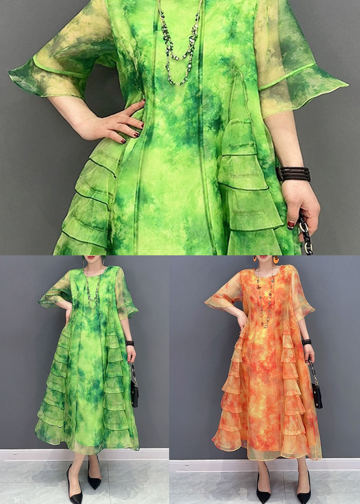 Orange Tie Dye Patchwork Chiffon Dresses O Neck Ruffled Summer Ada Fashion