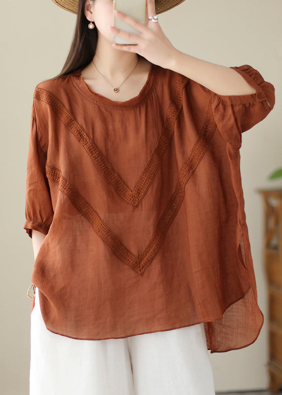 Organic Brick Red Oversized Lace Patchwork Linen Top Summer Ada Fashion