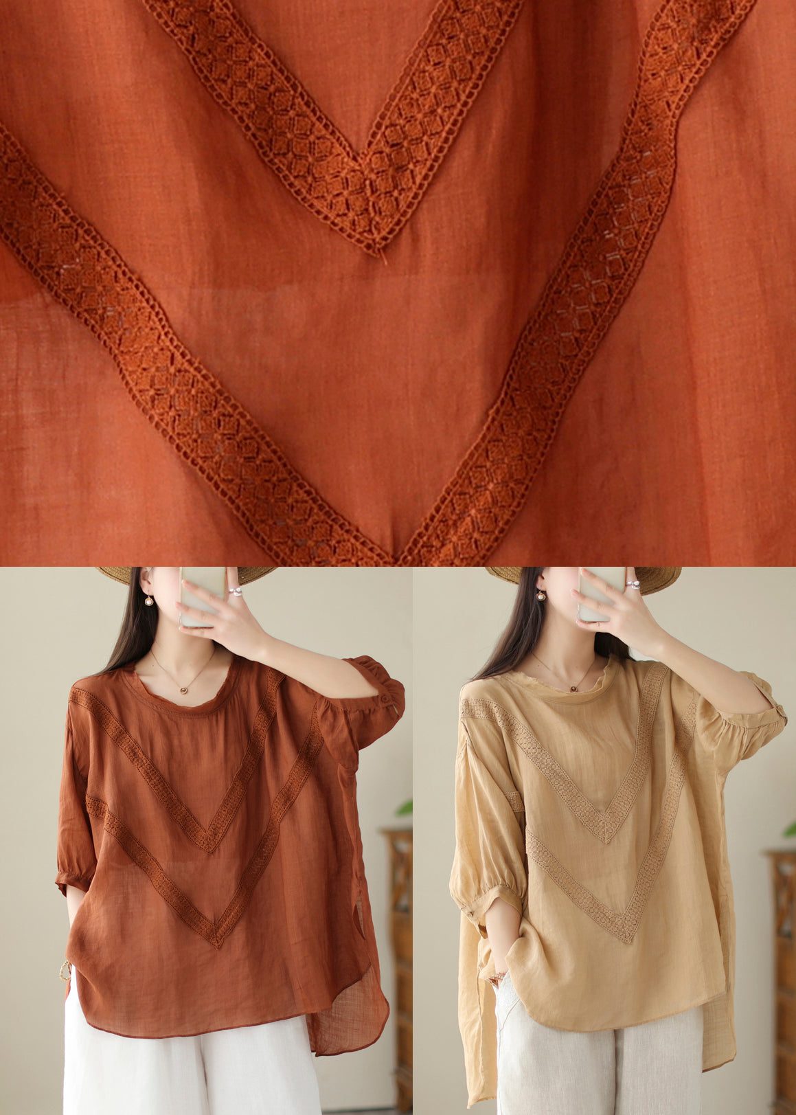 Organic Brick Red Oversized Lace Patchwork Linen Top Summer Ada Fashion