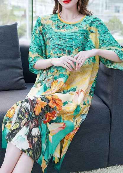 Organic Green O Neck Print Patchwork Chiffon Mid Dress Summer Ada Fashion