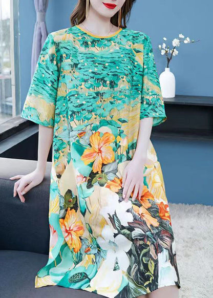 Organic Green O Neck Print Patchwork Chiffon Mid Dress Summer Ada Fashion