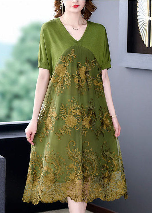 Organic Green V Neck Embroideried Patchwork Tulle Dress Summer LY4612