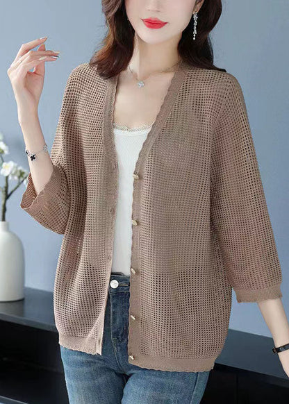 Organic Green V Neck Hollow Out Patchwork Knit Cardigan Summer Ada Fashion