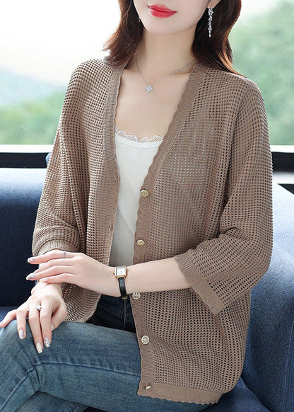 Organic Green V Neck Hollow Out Patchwork Knit Cardigan Summer Ada Fashion