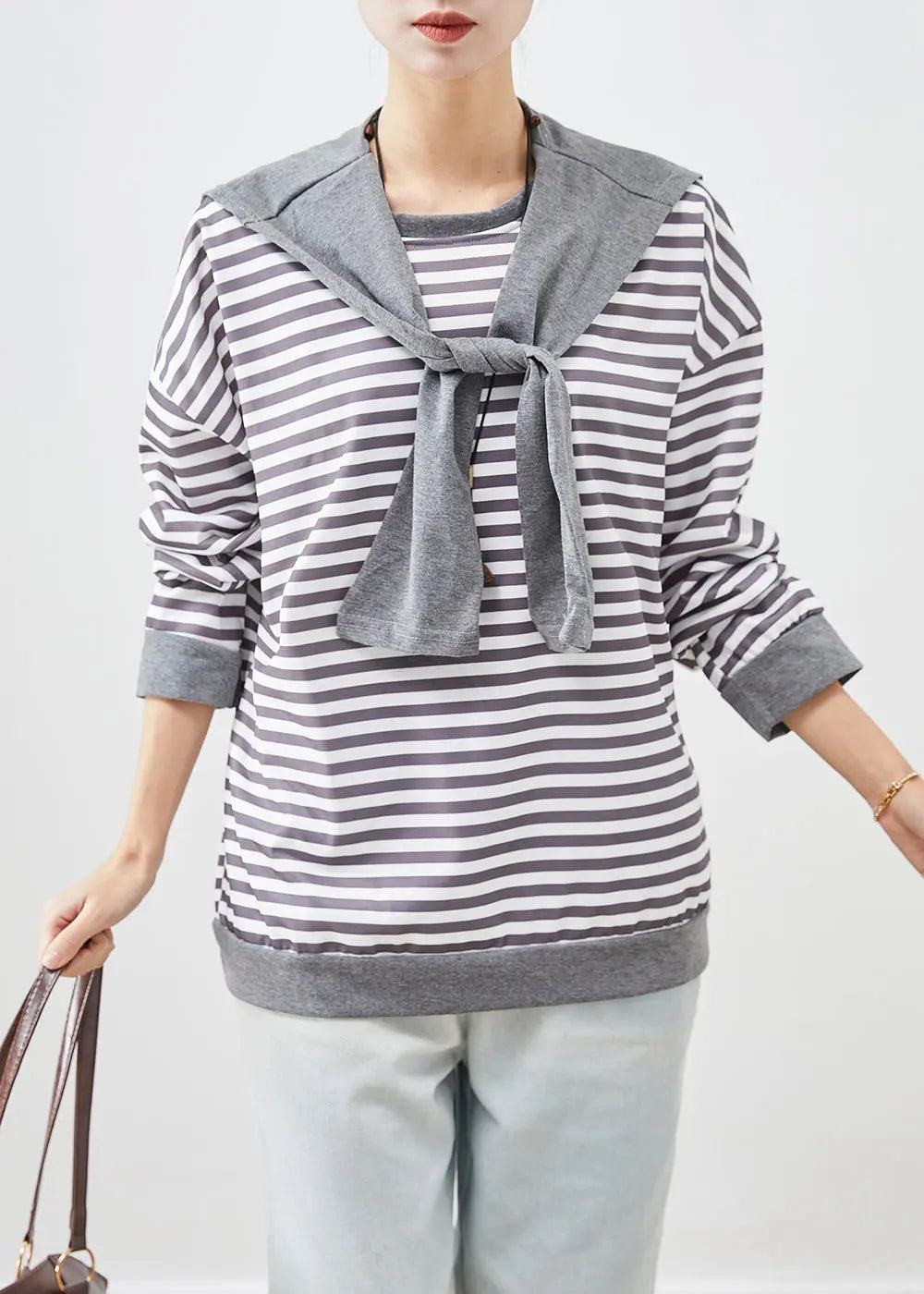 Organic Grey Oversized Striped Cotton Sweatshirt Streetwear Fall Ada Fashion