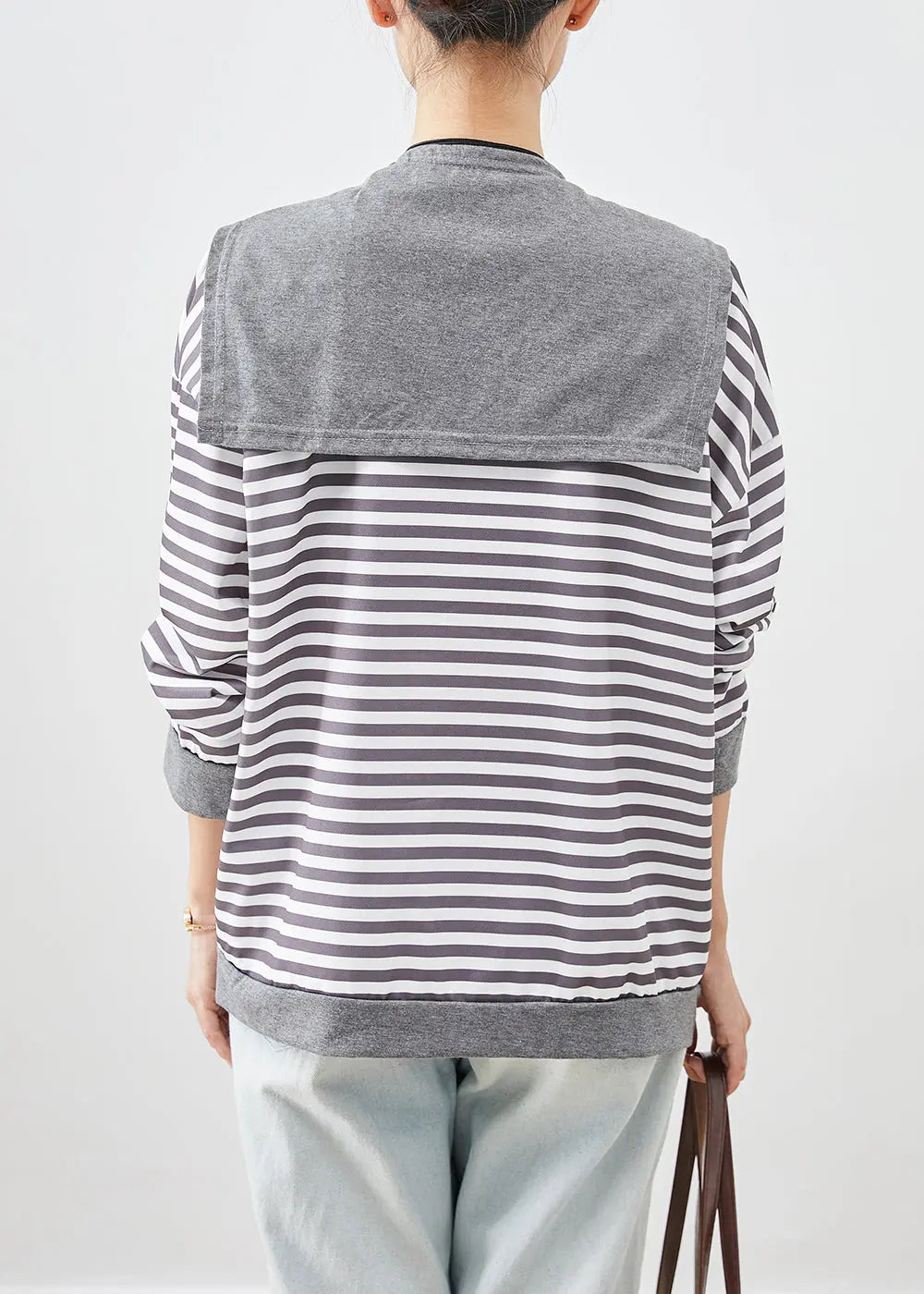 Organic Grey Oversized Striped Cotton Sweatshirt Streetwear Fall Ada Fashion