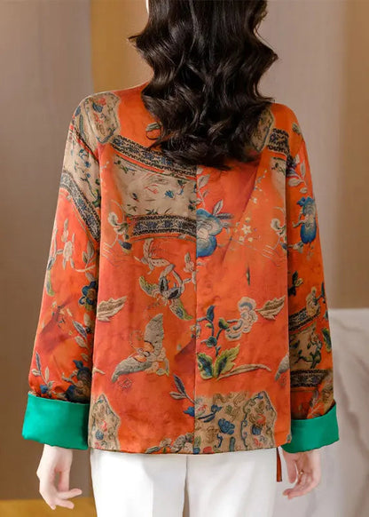 Organic Orange Print Tie Waist Cotton Coats Long Sleeve Ada Fashion