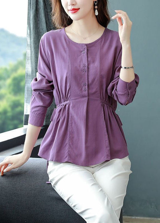 Organic Purple O Neck Wrinkled Lace Up Patchwork Cotton Top Long Sleeve LY4682