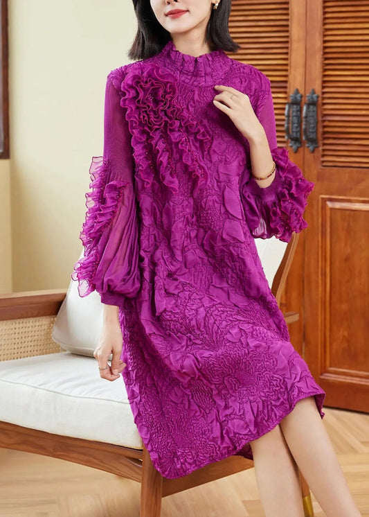 Organic Purple Stand Collar Ruffled Patchwork Wrinkled Maxi Dress Puff Sleeve Ada Fashion