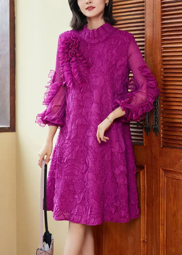 Organic Purple Stand Collar Ruffled Patchwork Wrinkled Maxi Dress Puff Sleeve Ada Fashion