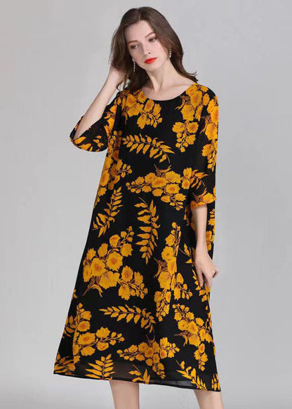 Organic Yellow O Neck Print Patchwork Chiffon Mid Dress Summer Ada Fashion