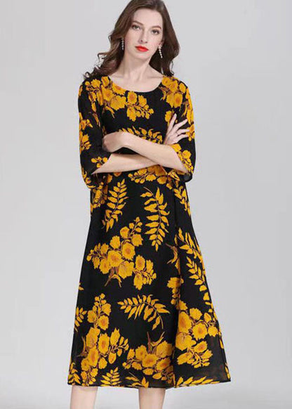 Organic Yellow O Neck Print Patchwork Chiffon Mid Dress Summer Ada Fashion