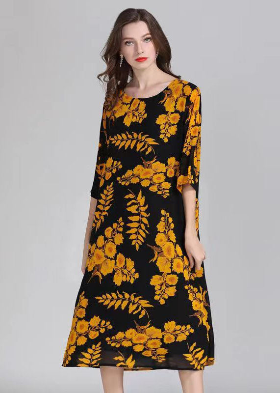 Organic Yellow O Neck Print Patchwork Chiffon Mid Dress Summer Ada Fashion