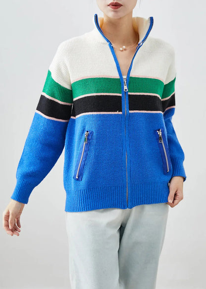 Original Design Blue Zip Up Patchwork Knit Coats Fall Ada Fashion