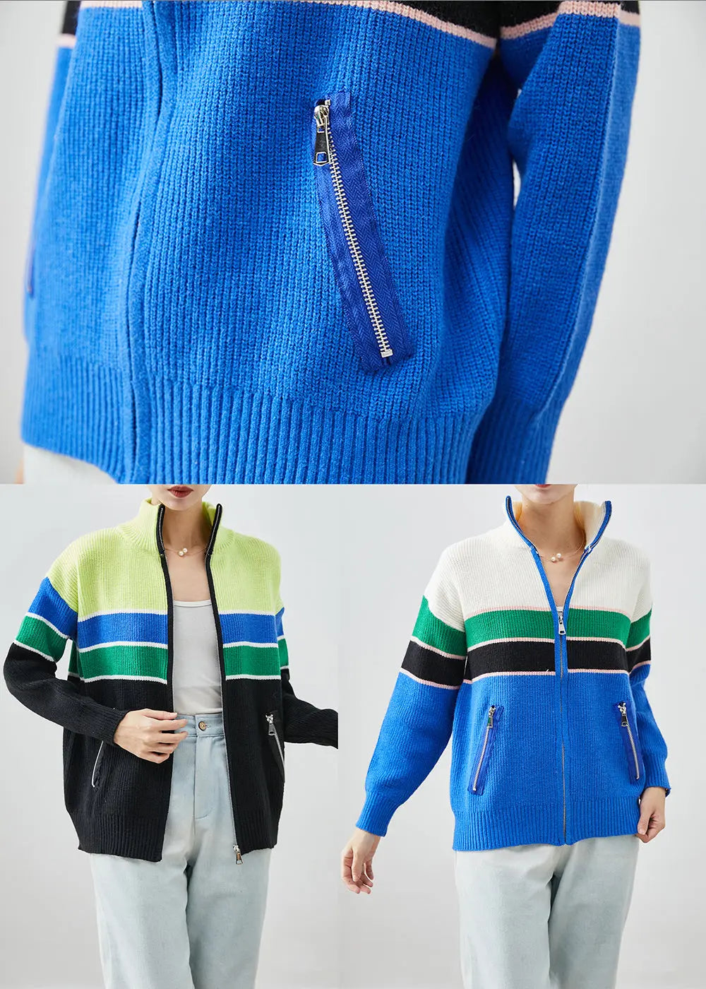 Original Design Blue Zip Up Patchwork Knit Coats Fall Ada Fashion